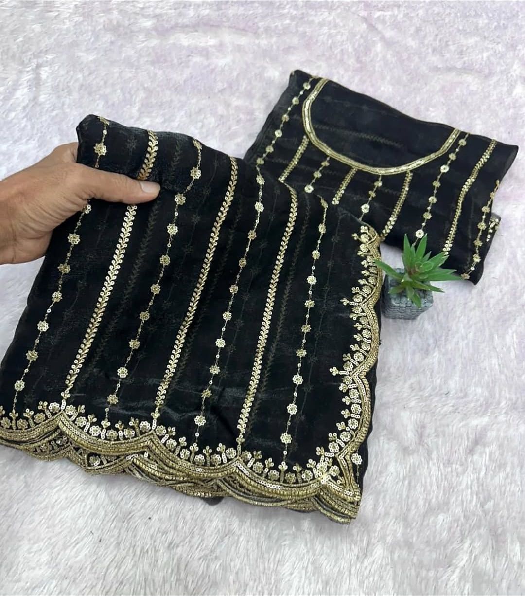 Fendy Sattin Dual Shade Saree Multi Sequence Embroidery Work