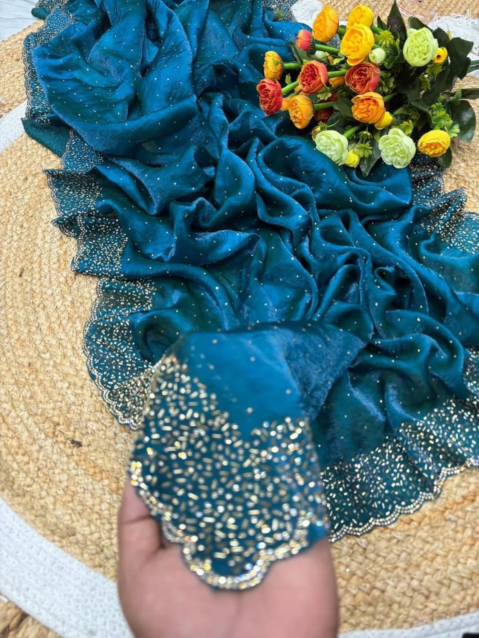 Designer space silk with diamond work saree