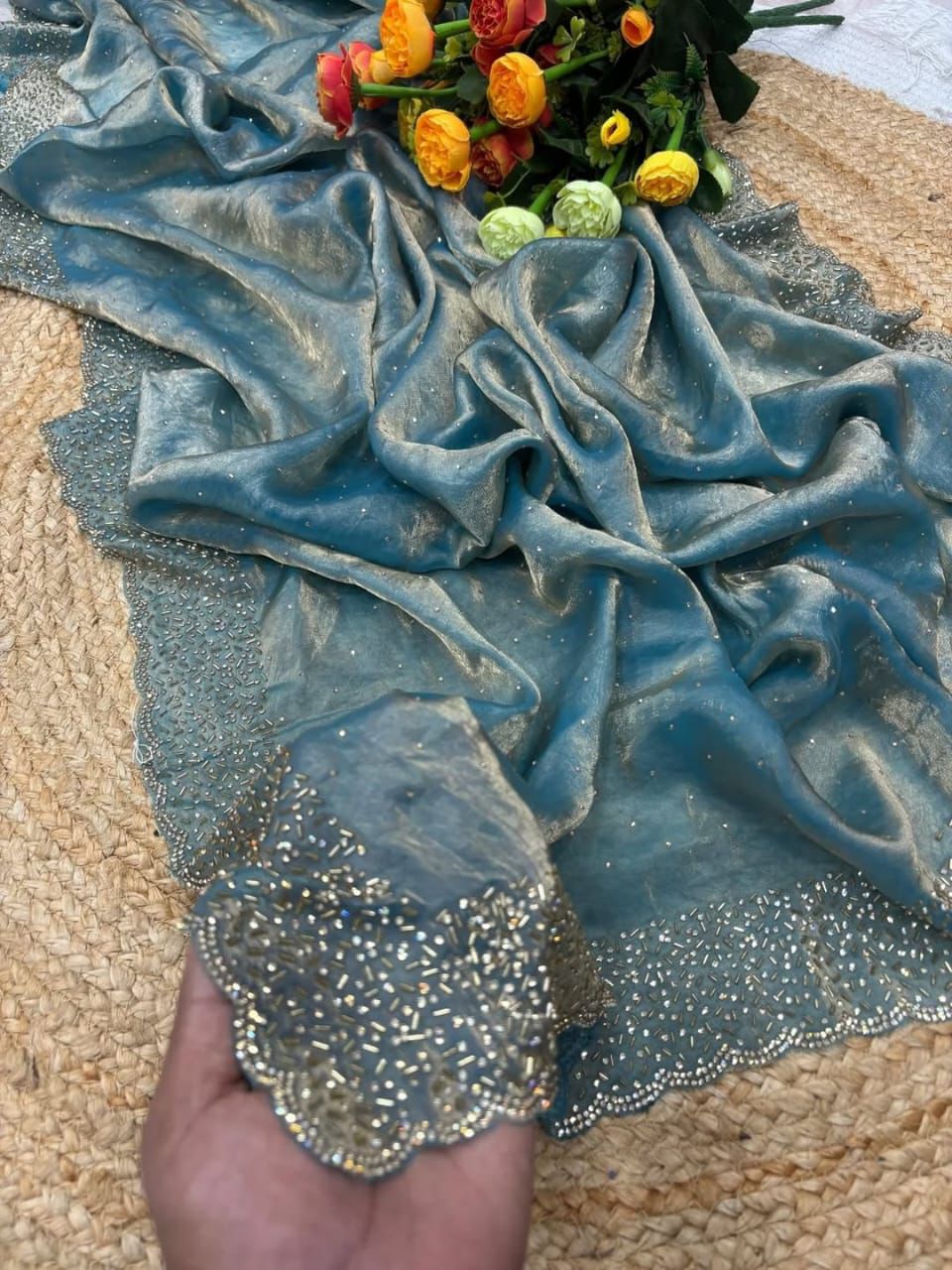 Designer space silk with diamond work saree