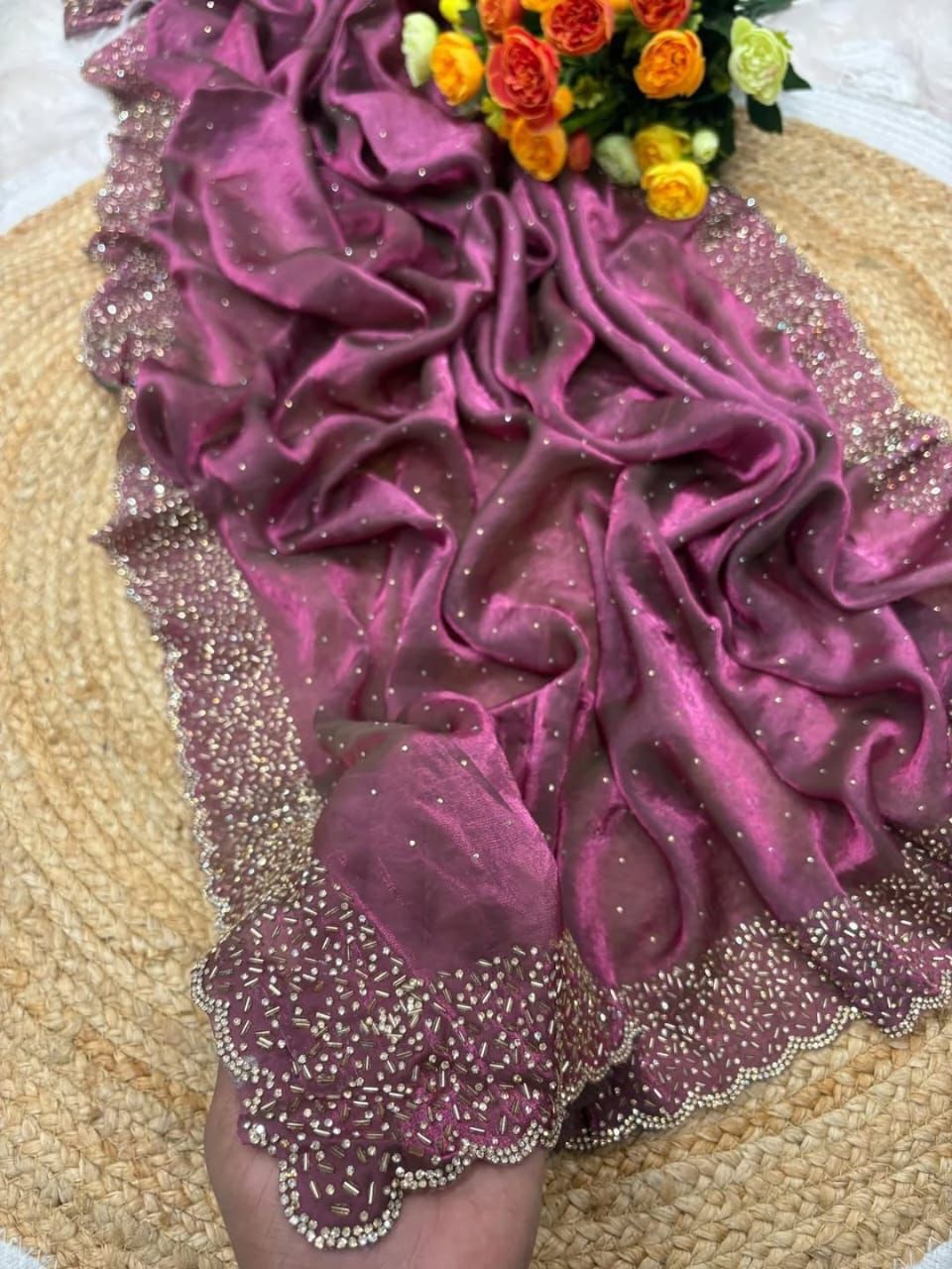 Designer space silk with diamond work saree