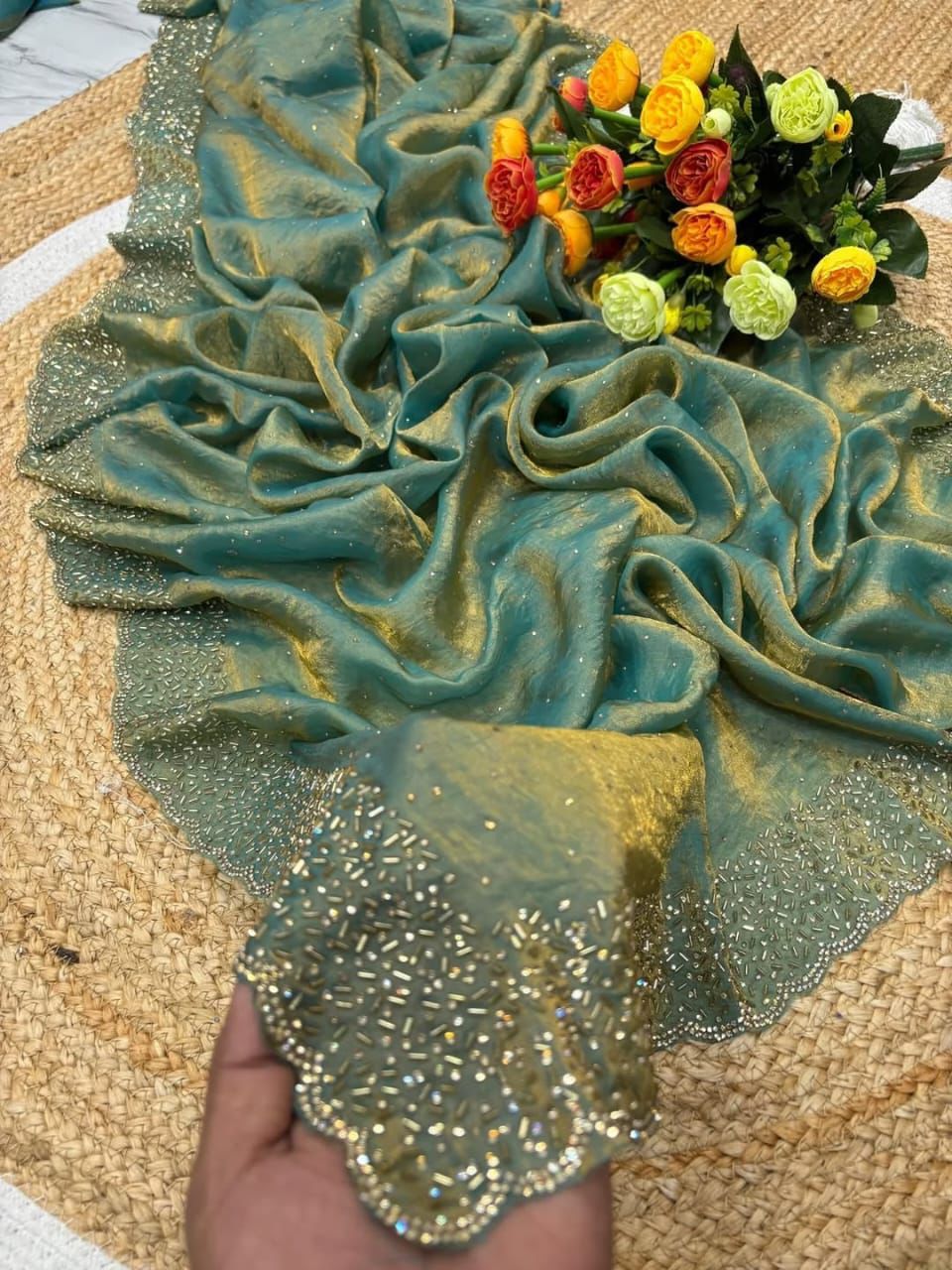 Designer space silk with diamond work saree