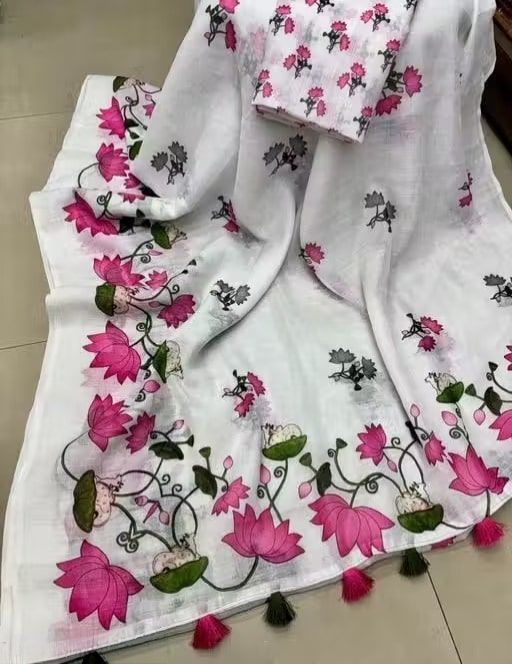 New Flower Linen Cotton Digital Print White Saree