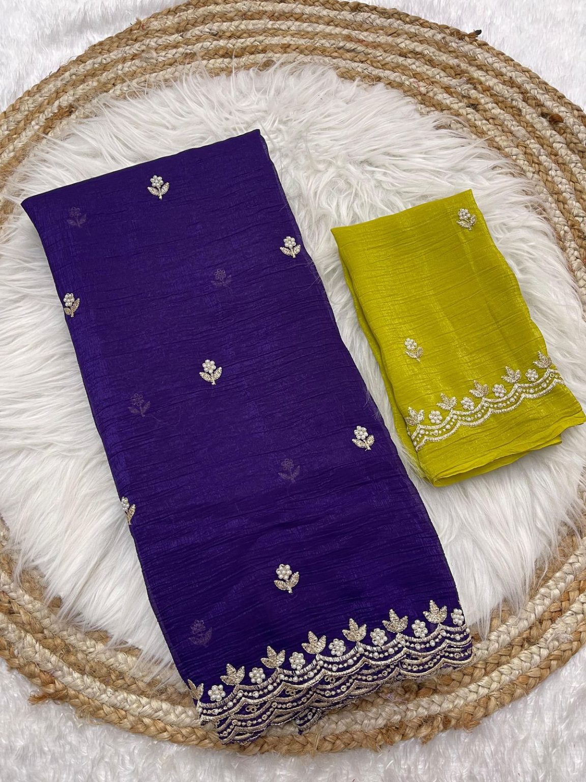 Crunchy Chiffon Saree with Flower Embroidery & Hand Moti Work
