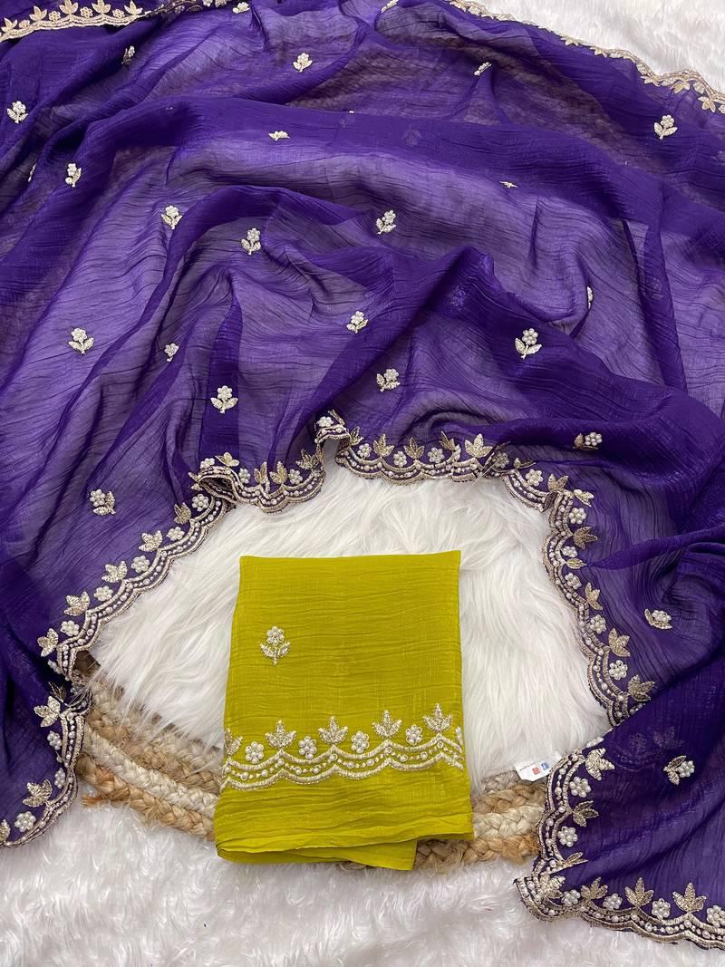 Crunchy Chiffon Saree with Flower Embroidery & Hand Moti Work