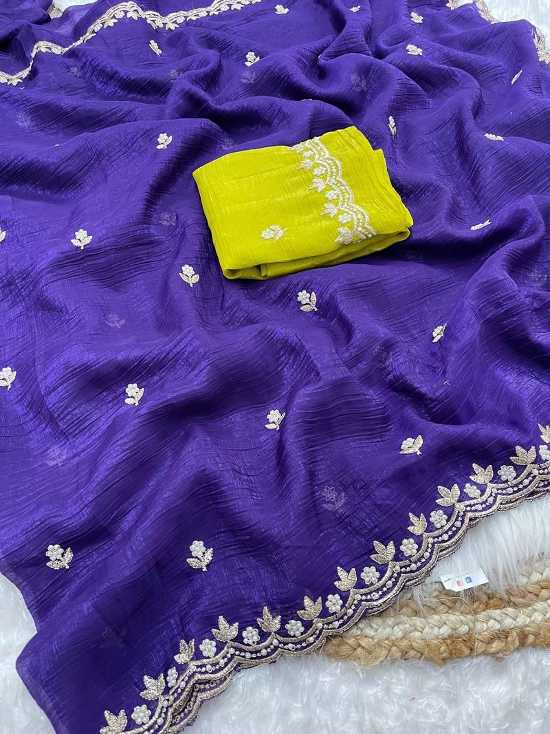 Crunchy Chiffon Saree with Flower Embroidery & Hand Moti Work