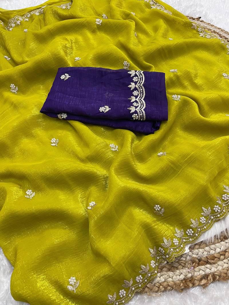 Crunchy Chiffon Saree with Flower Embroidery & Hand Moti Work