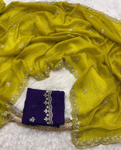 Crunchy Chiffon Saree with Flower Embroidery & Hand Moti Work