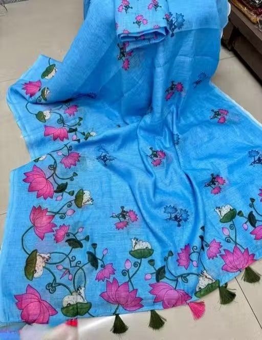 New Flower Linen Cotton Digital Print White Saree