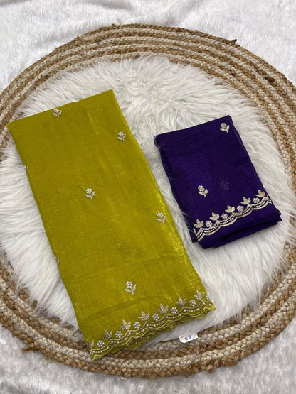 Crunchy Chiffon Saree with Flower Embroidery & Hand Moti Work