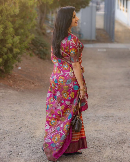 Tussar Silk with kalamkari blouse and pallu